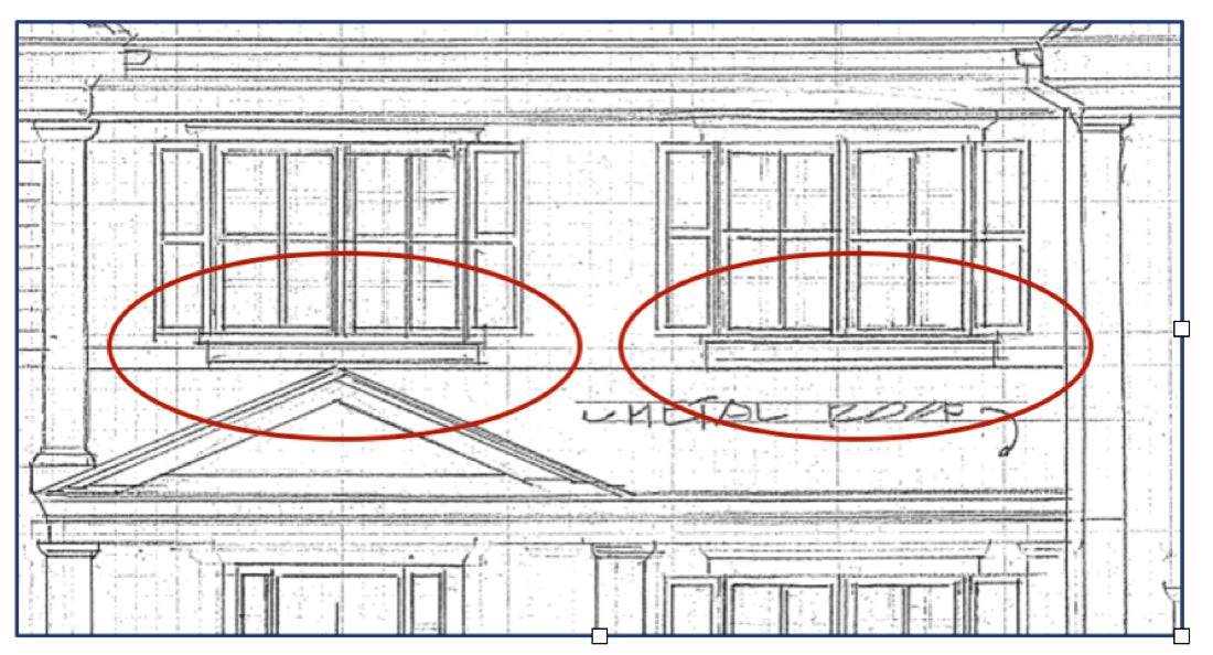 Elevation drawing with two windows circled where they sit too close to a roofline